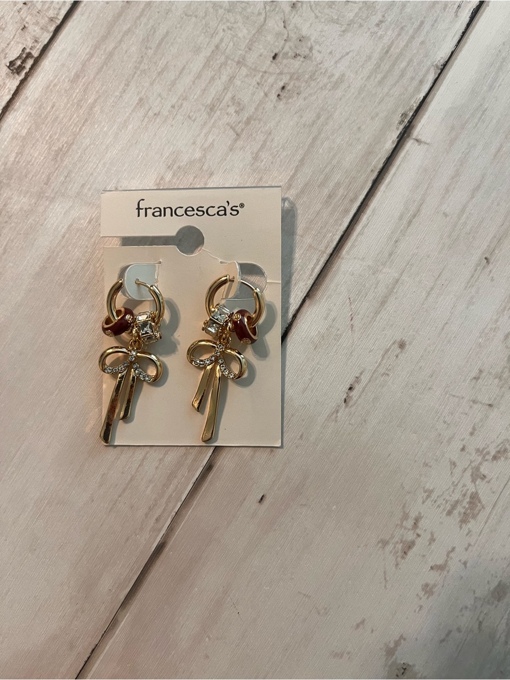 Francesca's Collections Gold Bow Drop Earrings with Red Accent and Crystals